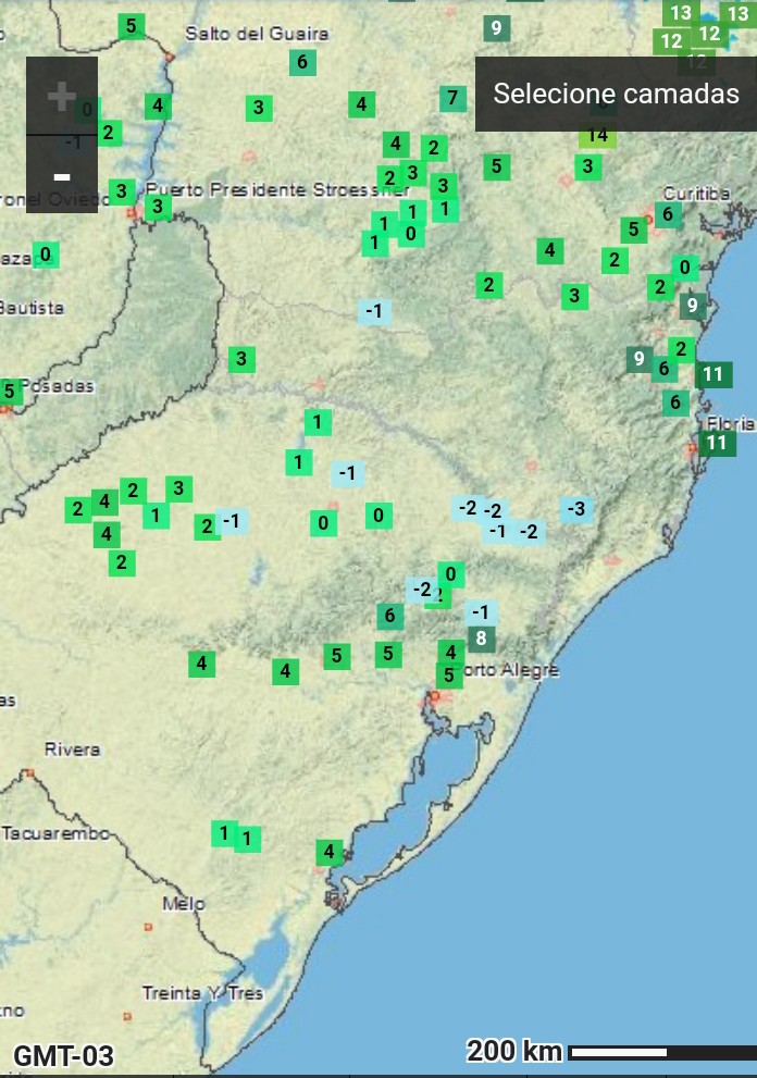 Madrugada gelada nos três estados sulistas. Temperaturas negativas na serra gaúcha e catarinense. Muito frio em Porto Alegre e Curitiba. -4 graus negativos no momento em São Joaquim e -5 graus em Urupema. #friopolar