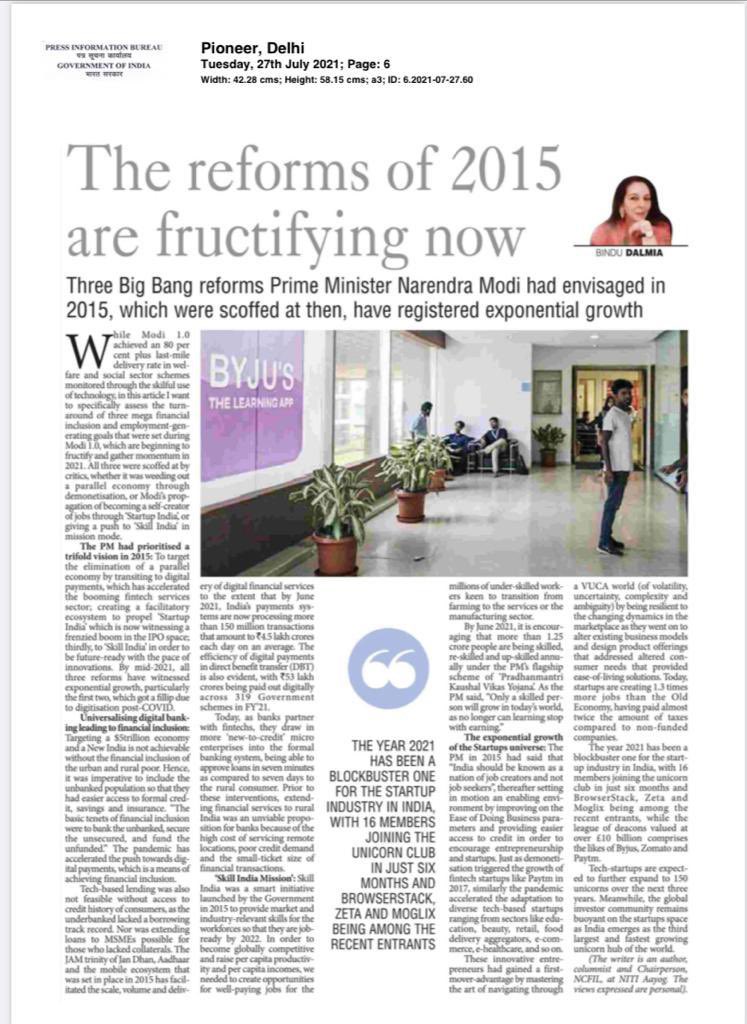 Big Bang reforms—#Skill, #StartUp and @_DigitalIndia that PM @narendramodi ji had envisioned in 2015 has witnessed exponential growth. Chairperson NCFIL,@NITIAayog and social commentator Bindu Dalmiya opines on PM’s trifold vision for a future-ready India. bit.ly/3xfAKcU