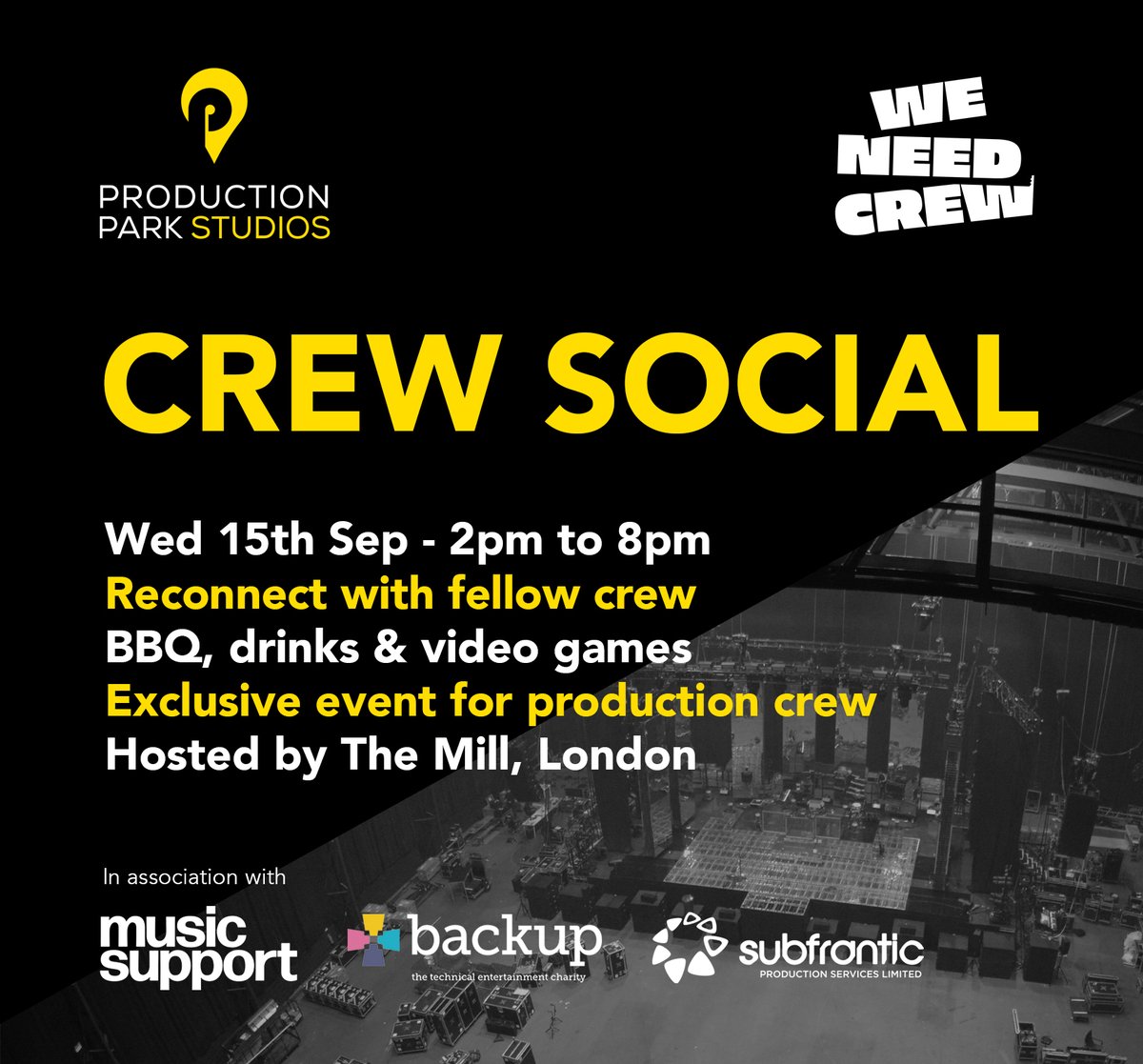 Production Park Studios (@prodparkstudios) on Twitter photo We've teamed up with <a href="/WeNeedCrew/">WeNeedCrew</a> <a href="/Musicsupport_uk/">Music Support</a> & <a href="/BackupCharity/">Backup Tech</a> with support from <a href="/subfrantic/">Subfrantic</a> to bring <a href="/ProductionPark_/">Production Park</a> Crew Social!
15th Sept, 2-8pm The Mill Studio
Let's get the crew family back together!
Full info & tickets at bit.ly/3y06h3E
#crewsocial We've teamed up with <a href="/WeNeedCrew/">WeNeedCrew</a> <a href="/Musicsupport_uk/">Music Support</a> & <a href="/BackupCharity/">Backup Tech</a> with support from <a href="/subfrantic/">Subfrantic</a> to bring <a href="/ProductionPark_/">Production Park</a> Crew Social!
15th Sept, 2-8pm The Mill Studio
Let's get the crew family back together!
Full info & tickets at bit.ly/3y06h3E
#crewsocial