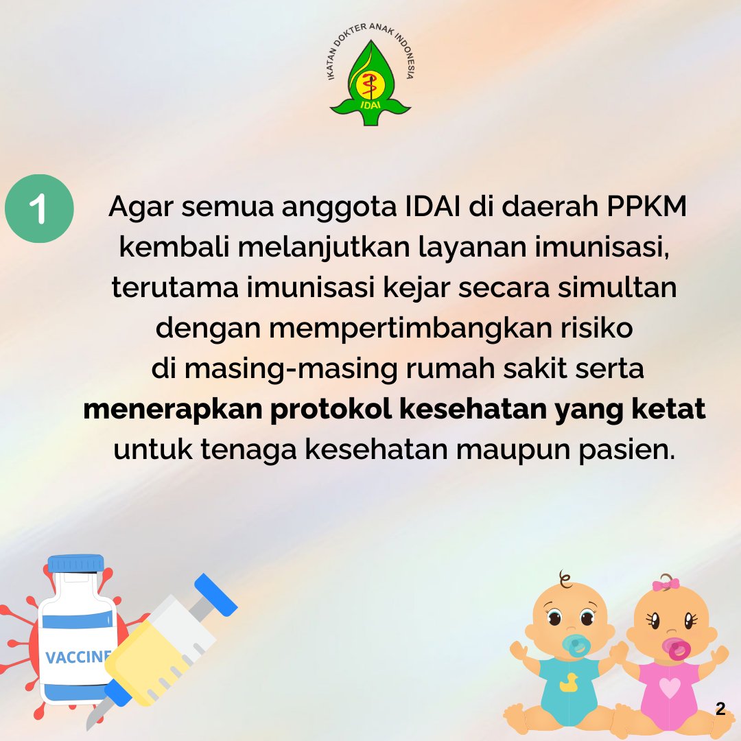 idai_tweets's tweet photo. Simak Rekomendasi Ikatan Dokter Anak Indonesia terkait Imunisasi Rutin Anak di Masa Pandemi COVID-19 (Pemutakhiran 27 Juli 2021). Unduh naskah lengkap melalui tautan pada infografis. (1)
#COVID19
#RekomendasiIDAI
#IDAIStatement
#ImunisasiAnak https://t.co/3Jy1hkRJuT