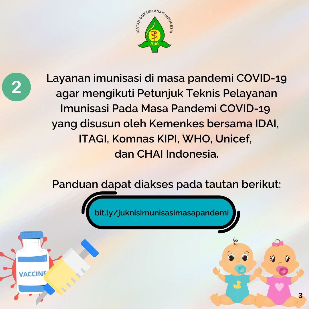 idai_tweets's tweet photo. Simak Rekomendasi Ikatan Dokter Anak Indonesia terkait Imunisasi Rutin Anak di Masa Pandemi COVID-19 (Pemutakhiran 27 Juli 2021). Unduh naskah lengkap melalui tautan pada infografis. (1)
#COVID19
#RekomendasiIDAI
#IDAIStatement
#ImunisasiAnak https://t.co/3Jy1hkRJuT