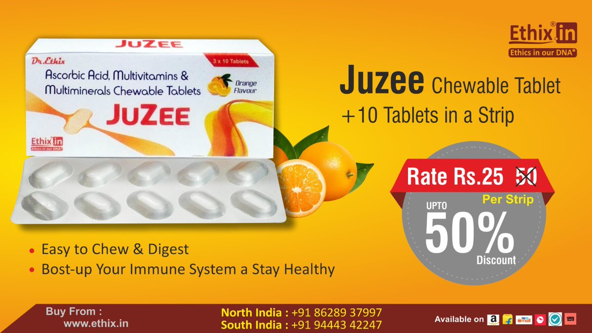 EthixIn's tweet photo. Dr. Ethix's JUZEE Chewable Tablet
Grab the 50% Discount now

1 Strip contains 10 Tablets

Order through online:
-https://t.co/DLUY3YDXY4
-https://t.co/VP9aVSRt90
To place order:
North:+91-8628937997
South:+91-9444342247
#ethix #drethix #medzone #juzeetablet #tablet #50percentoff https://t.co/QRt28QvK5A