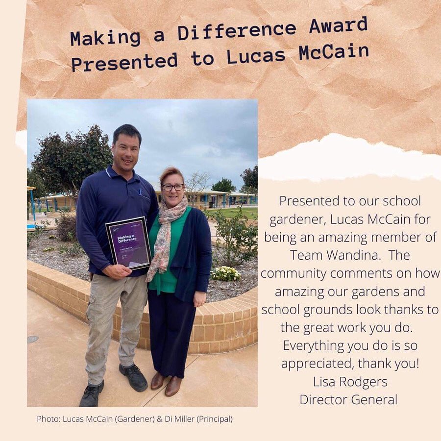 Staff Acknowledgement | Lucas McCain
Congratulations on your award Lucas, we are very grateful for the work you do around our school and grounds.
#gardeneronpoint 
#wandinaps2021 
Public education in Western Australia