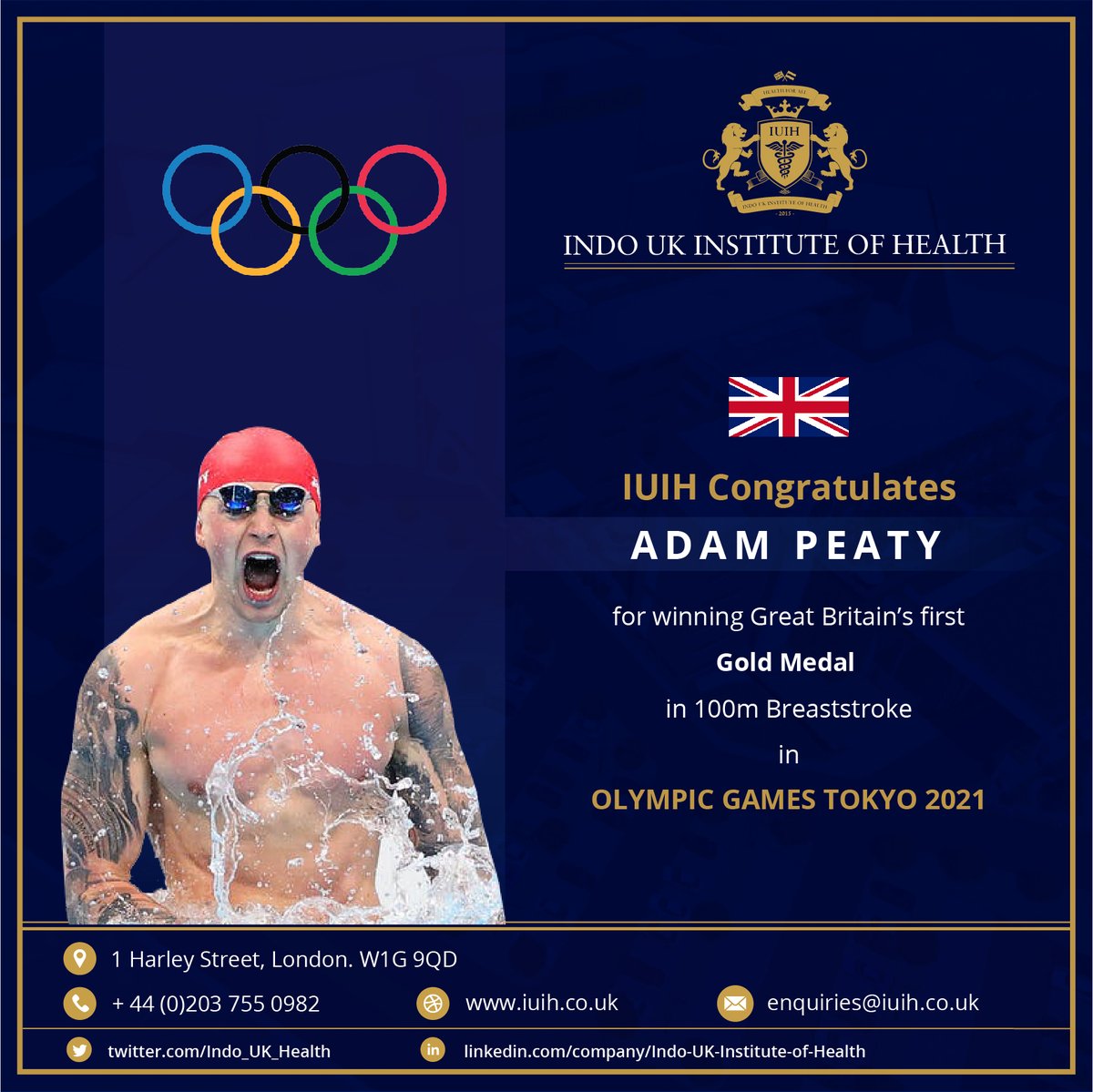 Indo_UK_Health's tweet photo. Congratulations Adam Peaty on winning Great Britain's first Gold Medal in 100m Breaststroke at Olympic Games Tokyo 2021
#AdamPeaty #Olympic #TokyoOlympic #Tokyo2020 #GreatBritain
#indoukclinic #indouk #IUIH #NHS https://t.co/QmzLxA65K1