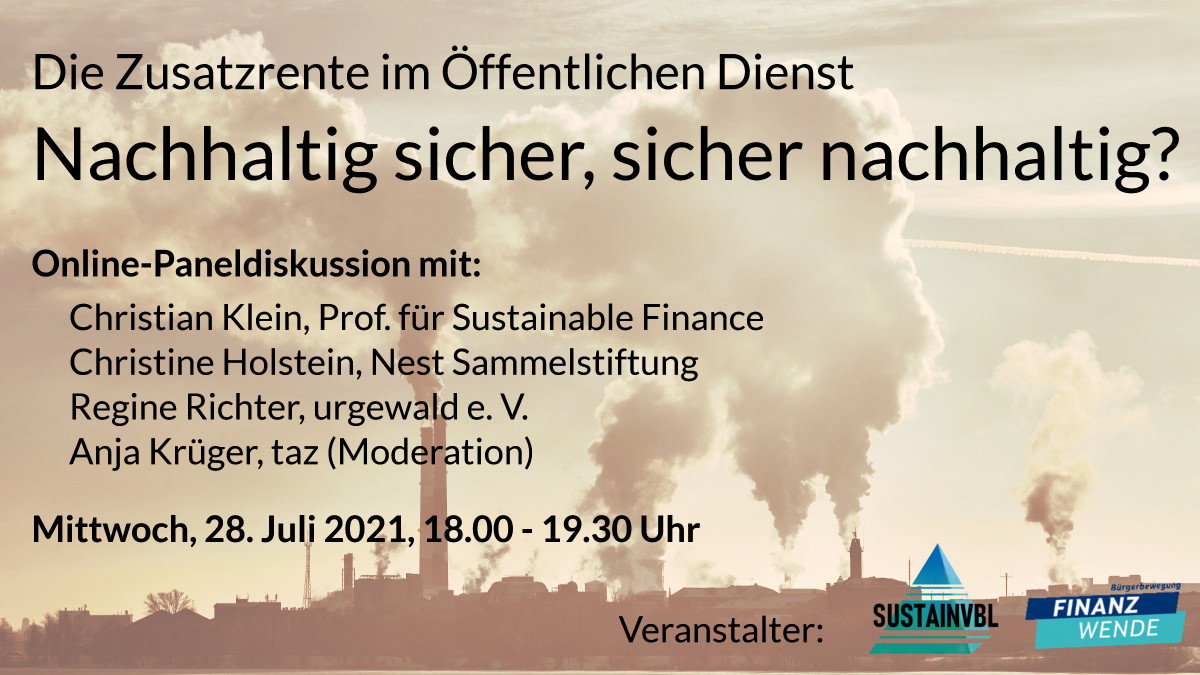 Reminder: Heute Abend diskutieren wir und <a href="/finanzwende/">Finanzwende</a> mit Sustainable Finance Expert:innen, wo eigentlich unsere 26 Milliarden Rentengelder angelegt sind, was nachhaltiges Investment bewirkt und wie die VBL sich zukunftsfähig aufstellen kann. Seid dabei: us02web.zoom.us/webinar/regist…