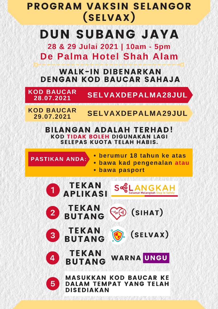 Michelle Ng Mei Sze 黄美诗 On Twitter Perhatian Walk In Dengan Kod Baucer Dibenarkan Kriteria Penduduk Bekerja Di Subang Jaya Ss12 19 Usj1 22 Pjs7 9 11 Yang Berumur 18 Tahun Ke Atas Jenis Vaksin Yang Disediakan