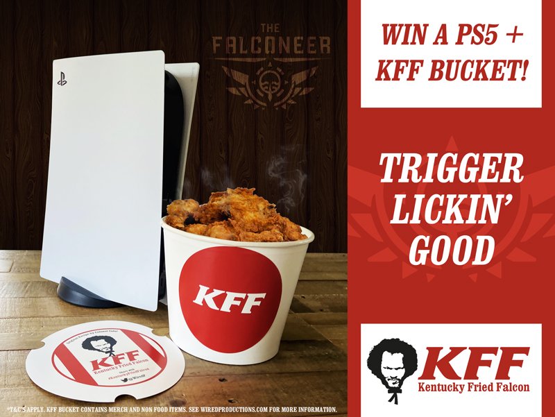 WiredP's tweet image. The Falconeer launches in 6️ days!

Want to #Win a #PlayStation5 and a bucket of KFF?

Follow &amp;amp; RT with #KentuckyFriedFalcon + tell us your favourite gaming food! 🥡🤤

… it’s Trigger Lickin’ Good - Keep an eye out for daily entries! 👀

Winner picked August 5th!