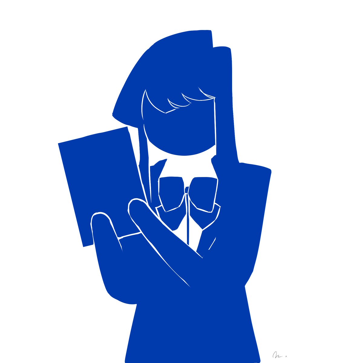 komi shouko 1girl solo bow white background monochrome blue theme simple background  illustration images
