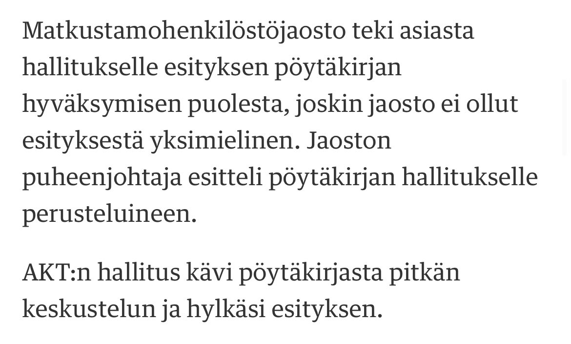 AKT valittaa nyt siitä, että Finnair ei tarjonnut omalle henkilöstölleen töitä, vaan ostaa palvelut Airprolta.

Tasan kuukausi sitten AKT:n hallitus kuitenkin torppasi HENKILÖSTÖN esityksen paikallisesta sopimisesta. #paikallinensopiminen