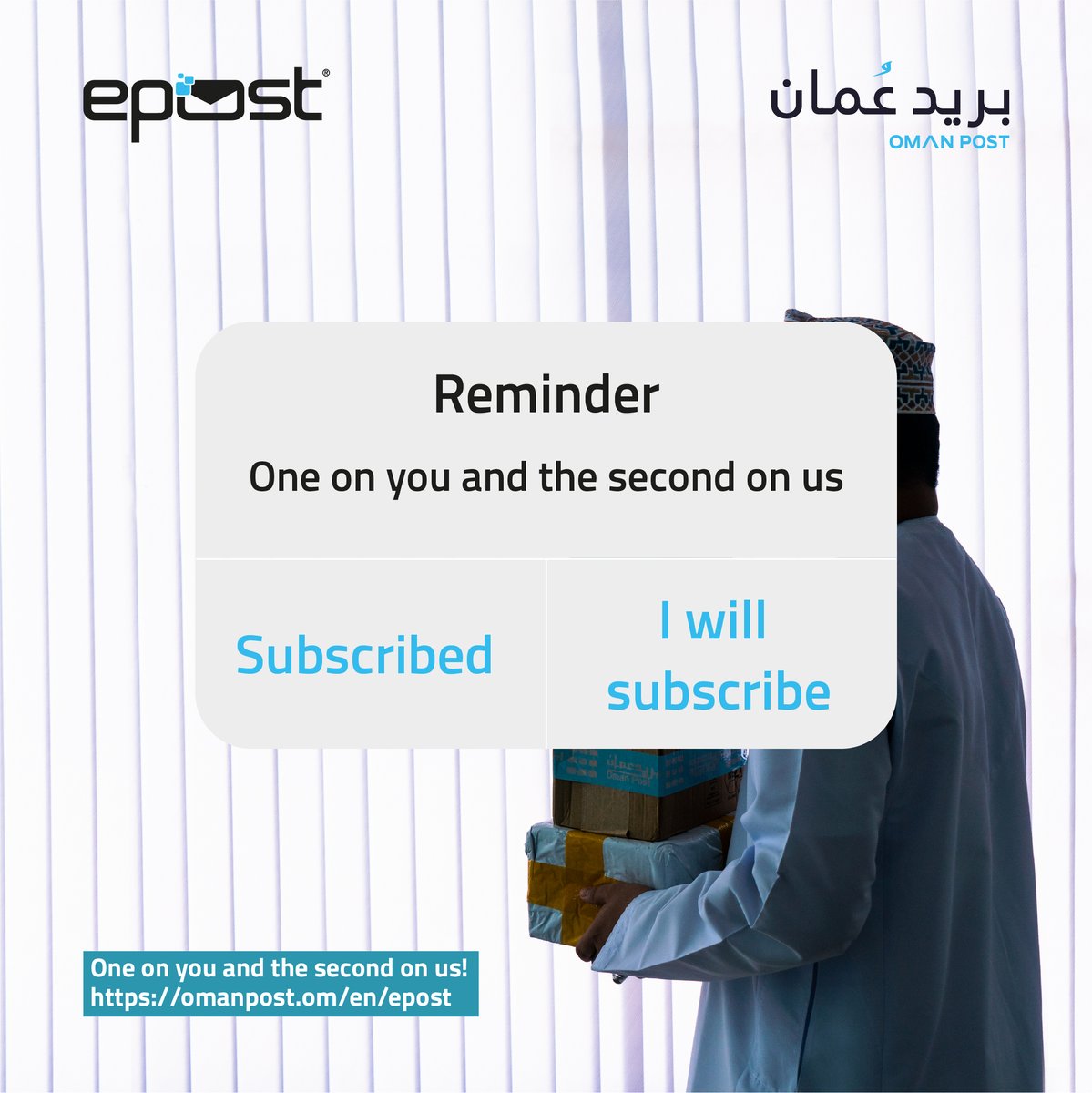 oman_post's tweet image. Subscribe, renew or extend your subscription to the #epost virtual box for one year and the second is on us.

Use the code: “epost : to activate the discount.

To renew your subscription, visit our website:
omanpost.om/en/epost/