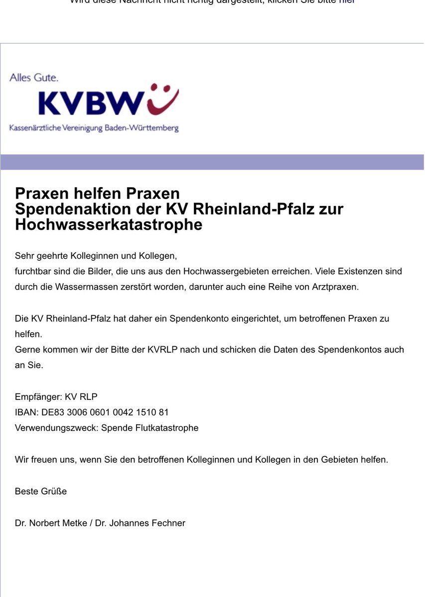 GrandeBettina's tweet photo. Praxen helfen Praxen:
Solidarität mit den von der #Flutkatastrophe betroffenen KollegInnen in Rheinland-Pfalz. Gute Aktion, @LPKRLP und @kvbw_info 🤝 https://t.co/bKEfEv7YxE