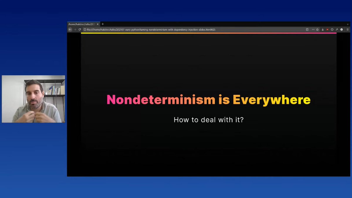 pauloxnet's tweet photo. I'm attending the talk "Taming Nondeterminism with Dependency Injection (Take back control of your code!)" by Haki Benita @be_haki 🇮🇱 (software developer and a technical lead) at the #EuroPython 2021 🇪🇺
CC @europython 🐍
#python #tests #nondeterministic #dependency #injection https://t.co/3Bo6w1XlhT