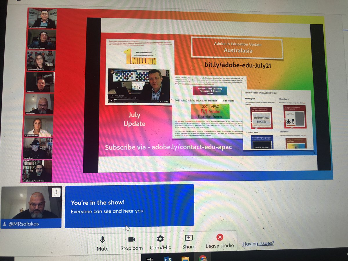 Look what’s about to happen!!! Join me, <a href="/timkitchen/">Tim Kitchen</a>, <a href="/MsClaraGalan/">Clara Galán</a> and a host of other champions on the <a href="/AdobeForEdu/">Adobe For Education</a> Inject Creativity livestream -> bit.my/Adobe-edu-july… #aussieED