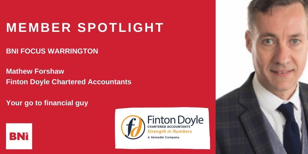 BNIFocus's tweet photo. We shine the member spotlight on Mathew Forshaw of @fintondoyleHQ - the accountant who doesn't just look at the figures but at the whole business - find out more https://t.co/aZlRY2W8Pv #bni #warrington https://t.co/PNOyzBCkVo