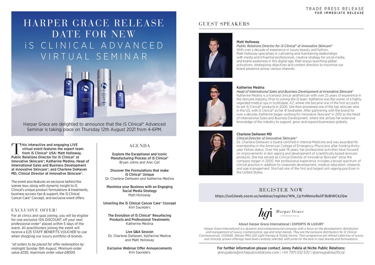 SUPPLIER NEWS: Harpar Grace International release date for new iS Clinical® Advanced Virtual Seminar taking place on Thursday 12th August 2021 from 4-6PM.

<a href="/harpargrace/">Harpar Grace International</a> <a href="/jennypabila/">Jenny Pabila NichePR</a>