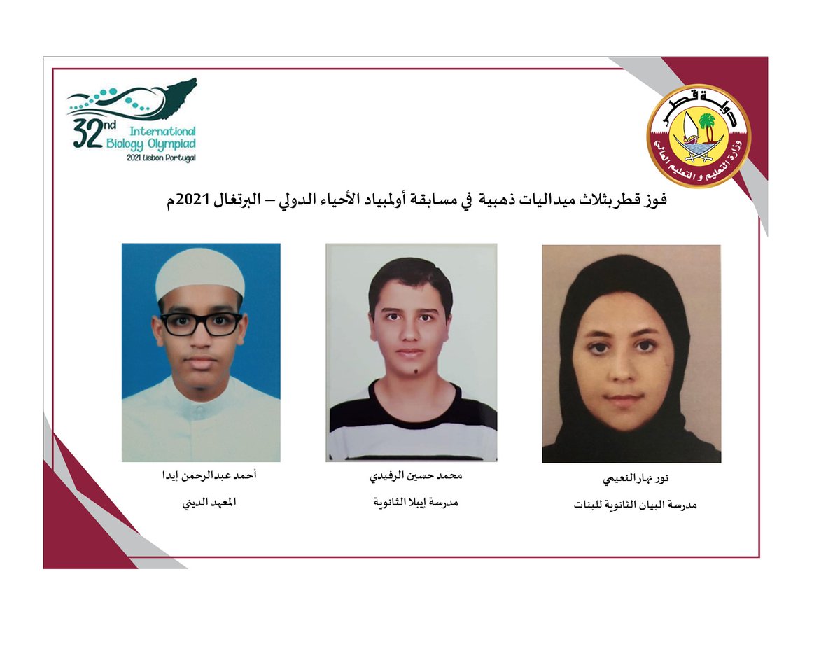 Qatar_Edu's tweet photo. فوز قطر بثلاث ميداليات ذهبية في مسابقة أولمبياد الأحياء الدولي – البرتغال 2021م  
#ibo2021
للمزيد:  https://t.co/ghWUGeKuMj https://t.co/b0JWGTG5Xr