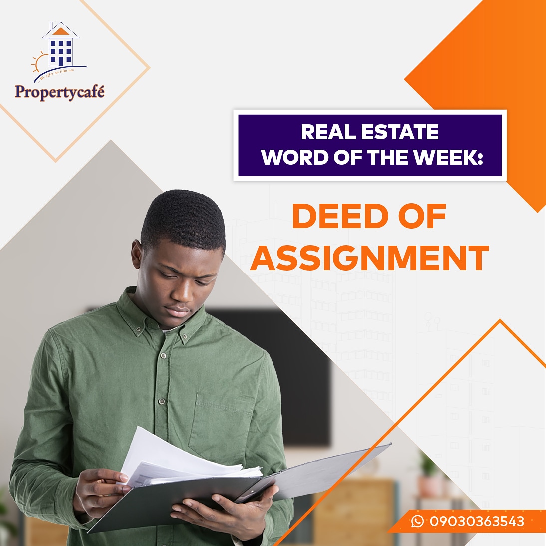 PropertyCafe_NG's tweet photo. A deed of assignment is a document given to a buyer in which the seller states all details of the transaction, including the promise to assign the ownership of the property to the buyer from a particular date. https://t.co/ON25SwNJPw