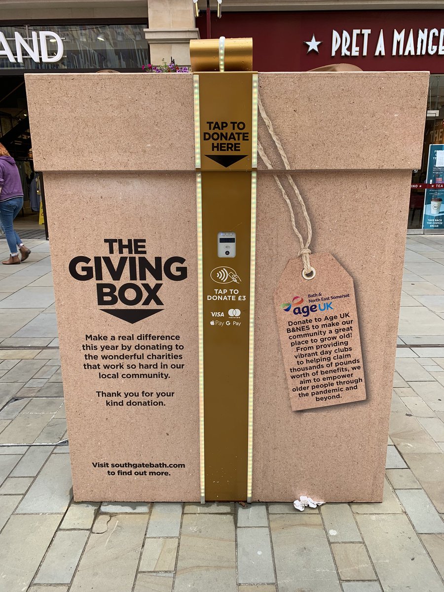 thepolyangle's tweet photo. Visiting @SouthGate_Bath this week or weekend? Why not swing by The Giving Box, and if you can, donate £3 to @AgeUKBANES or some or all of the many great organisations working across Bath &amp; North East Somerset: @CarersCentre1, @DorothyHouseHC &amp; @TheGenesisTrust, @banes3sg https://t.co/nJBqTWOFqE