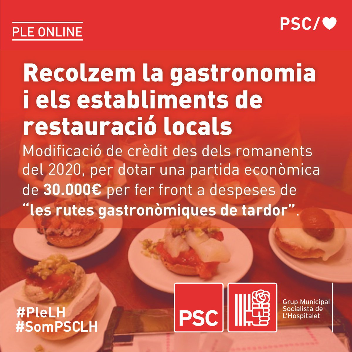 📌 Apoyamos la gastronomía y los establecimientos de #LHospitalet. 
Llevamos a #PleLH la modificación de crédito para dotar una partida de 30.000€ para las "Rutes Gastronòmiques de la tardor" #PleLH