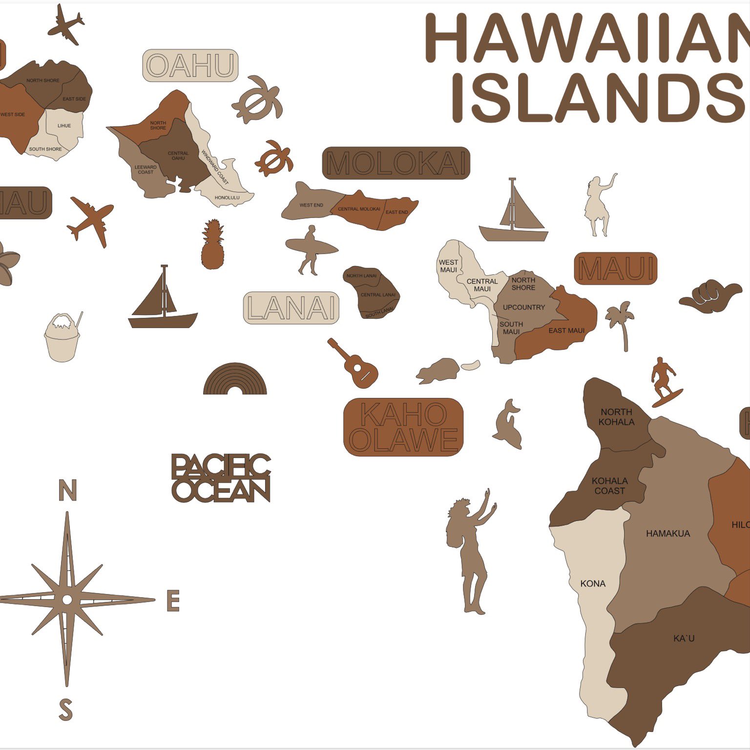 3D Wood Hawaiian Islands Map 壁掛け木製ハワイ諸島地図【翌日