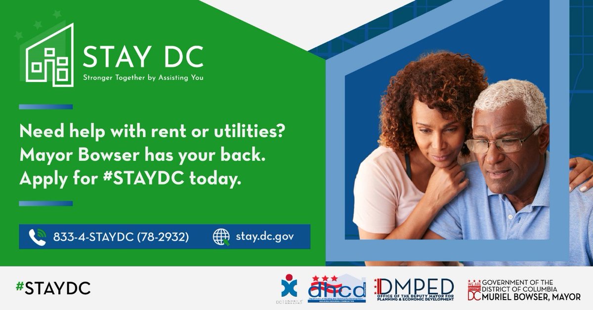 Need help with rent or utilities? Mayor Bowser has your back. Apply for #STAYDC today.

☎️ 833-4-STAYDC (78-2932)
💻 stay.dc.gov

#DCHOPE