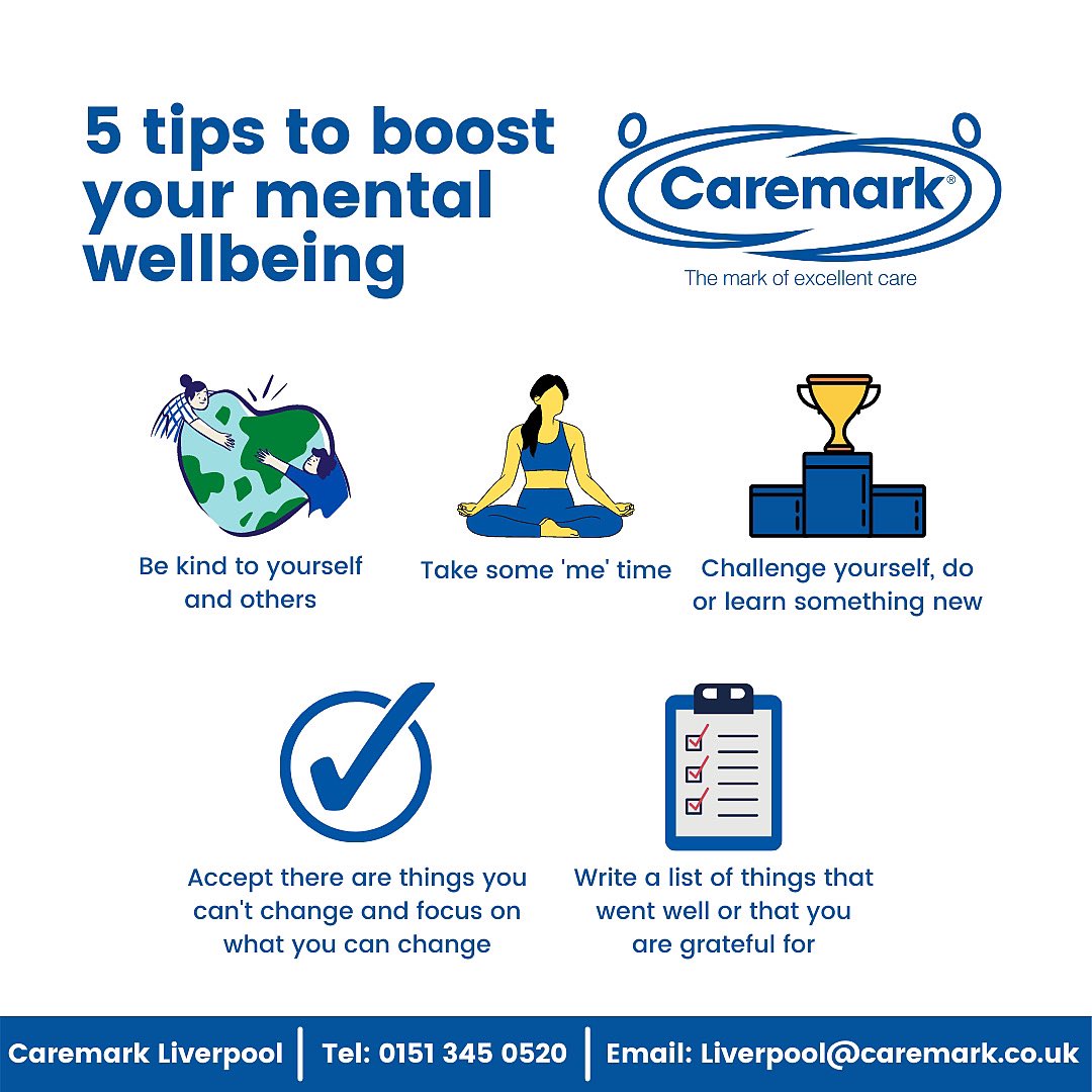 Boost your mental wellbeing with our 5 helpful tips! 💙

#MentalWellbeing #Homecare #HomeCareLiverpool #LiveInCare #Caremark #CaremarkLiverpool #Care #CareLiverpool #StaySafe #Healthcare #CareAtHome #LiverpoolJobs #Liverpool #Dementia #UK