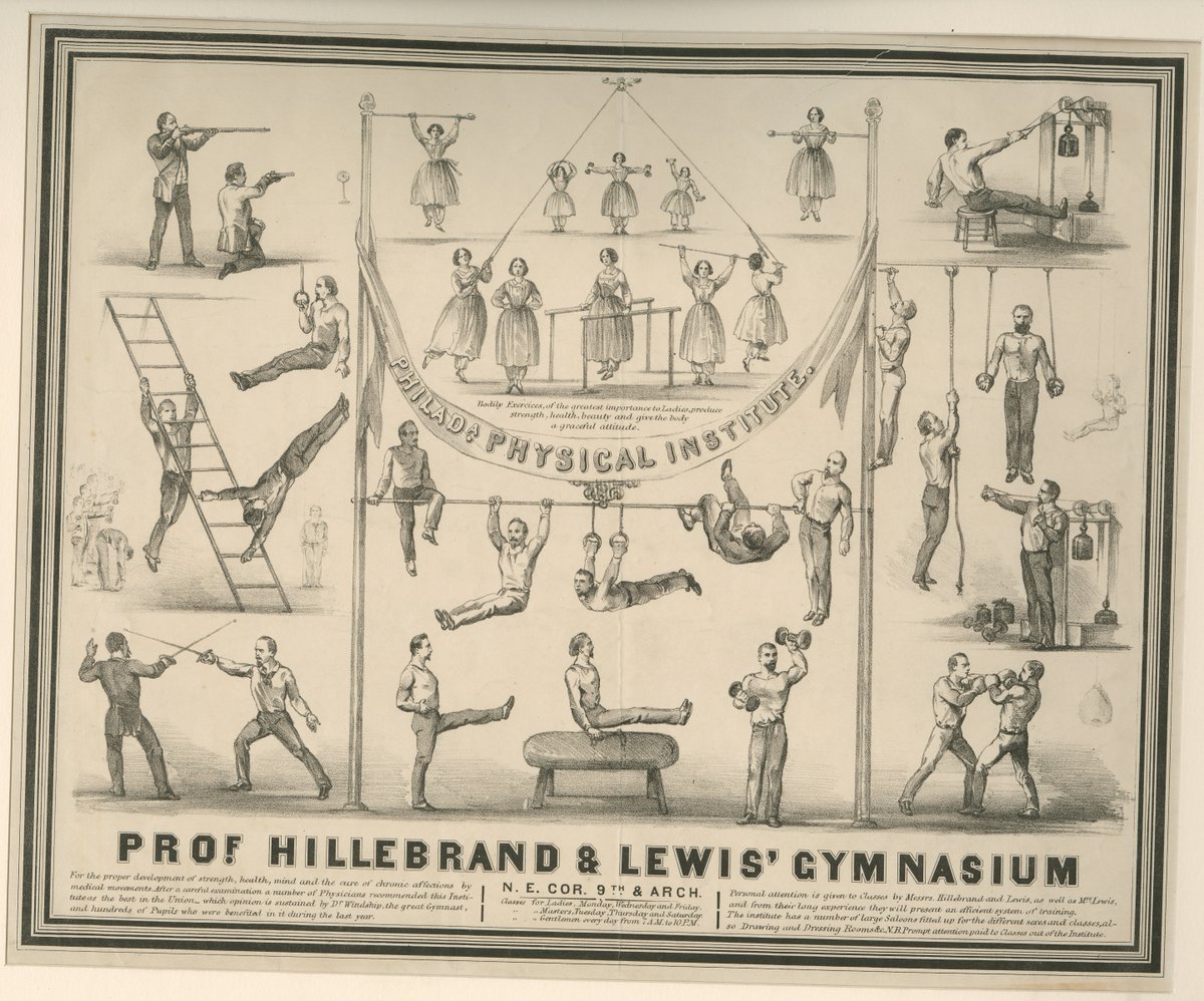 librarycompany's tweet photo. Clearly we've got the Olympics on our mind. 
Is the ladder an Olympic sport? Can it be?

Prof. Hillebrand &amp; Lewis' Gymnasium. [Philadelphia, ca. 1863]. Lithograph; 31 x 41 cm

#olympics #gymnastics #pommelhorse #riflery #fencing  #ladder #sports #exercise #LPCprints #benslibrary https://t.co/CQgX0reYYQ