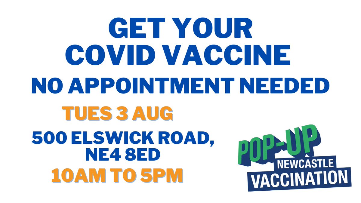Get your vaccine TODAY!
💉10am to 5pm
💉500 Elswick Road, NE4 8ED
💉No appointment needed
💉Pfizer only

#Newcastle
