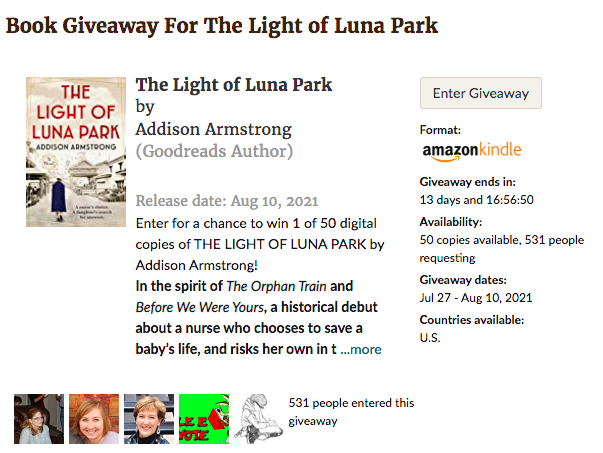 AddisonArmstro7's tweet photo. Enter to win a free copy of The Light of Luna Park! There are fifty Kindle copies available on @goodreads to U.S. readers between now and August 10.  
.
.
.
.
.
#TheLightOfLunaPark #AddisonArmstrong #giveaway #GiveawayAlert #goodreads #HistoricalFiction #freebooks #EntertoWin https://t.co/x0SPSx0f3y