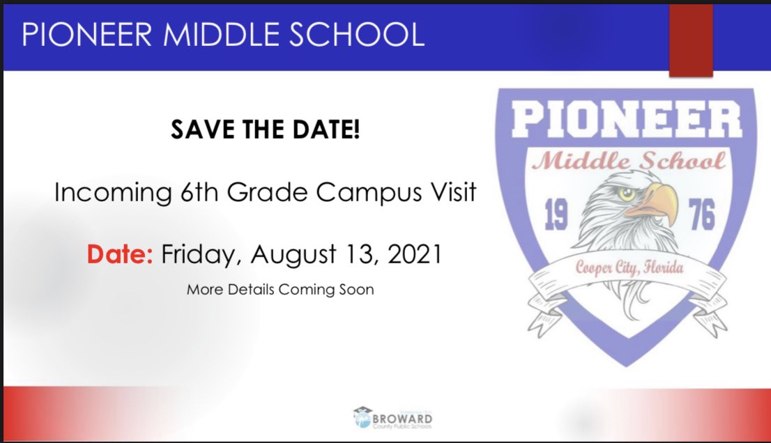 Attention incoming 6th grade Eagles! Please save the date. More details coming next week. <a href="/CooperCityHigh/">Cooper City High School</a> <a href="/CreekEce/">Embassy Creek (ECE)</a> <a href="/CooperCityGOV/">City of Cooper City</a> <a href="/GriffinElem/">Griffin Elementary</a>