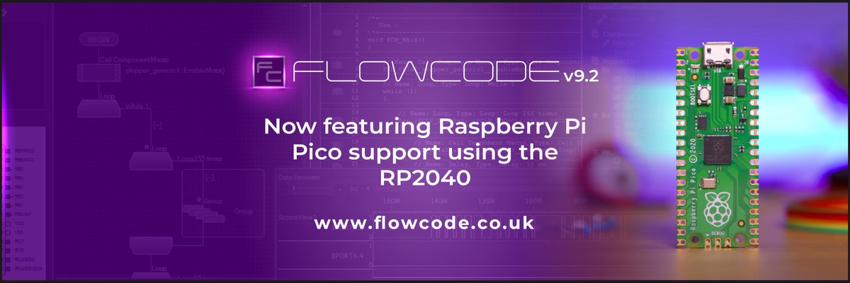 MatrixFlowcode's tweet image. Flowcode marks V9.2 release with Raspberry 
Pi - Pico support! Compatible with @sparkfun RP2040 board.