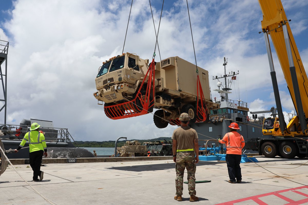 US_TRANSCOM's tweet photo. @USArmy Soldiers, and civilian contract workers, perform port operations in support of exercise Forager 21 on July 28, 2021, @nbguam. @US_TRANSCOM projects and sustains the Joint Force. #TogetherWeDeliver @Resolute7SB @USNationalGuard @USARPAC #DefenderPacific @INDOPACOM https://t.co/1DCvvgbBxK