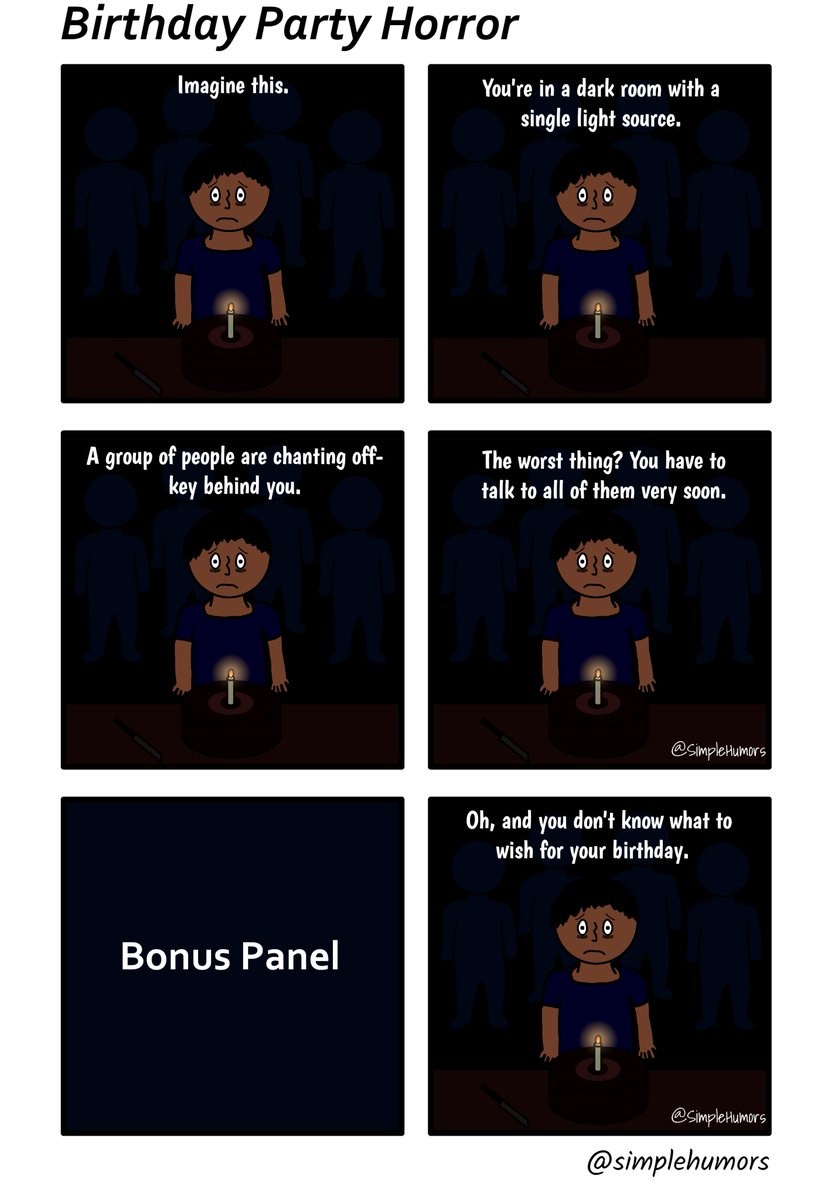 SimpleHumors's tweet photo. I know last week's comic was dark humor, so in order to compensate, here's some dark dark humor 😂

#SimpleHumors #webcomic #webcomics #originalcomic #funnycomicstrip #6panelcomic #birthdaytwist #birthdayhorror #birthdaycomic #adultingishard #darkhumor #darkdarkhumor https://t.co/mzXpGM3nHZ