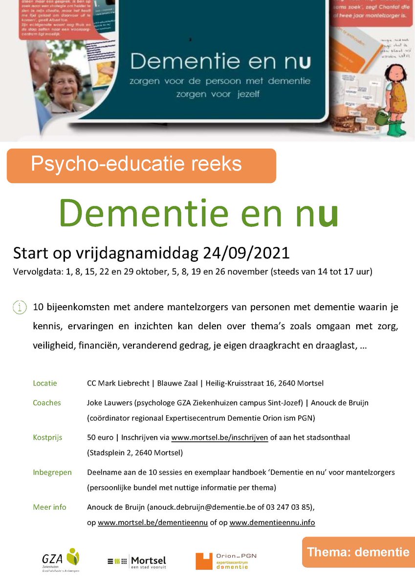 GZA Ziekenhuizen (@gzaziekenhuizen) on Twitter photo Ben jij een mantelzorger die zorgt voor een persoon met (jong)dementie? Dit najaar organiseren we samen met <a href="/StadMortsel/">Stad Mortsel</a> en het expertisecentrum dementie Orion ism PGN de psycho-educatiereeks ‘Dementie en nu’. Meer info 👇 Ben jij een mantelzorger die zorgt voor een persoon met (jong)dementie? Dit najaar organiseren we samen met <a href="/StadMortsel/">Stad Mortsel</a> en het expertisecentrum dementie Orion ism PGN de psycho-educatiereeks ‘Dementie en nu’. Meer info 👇