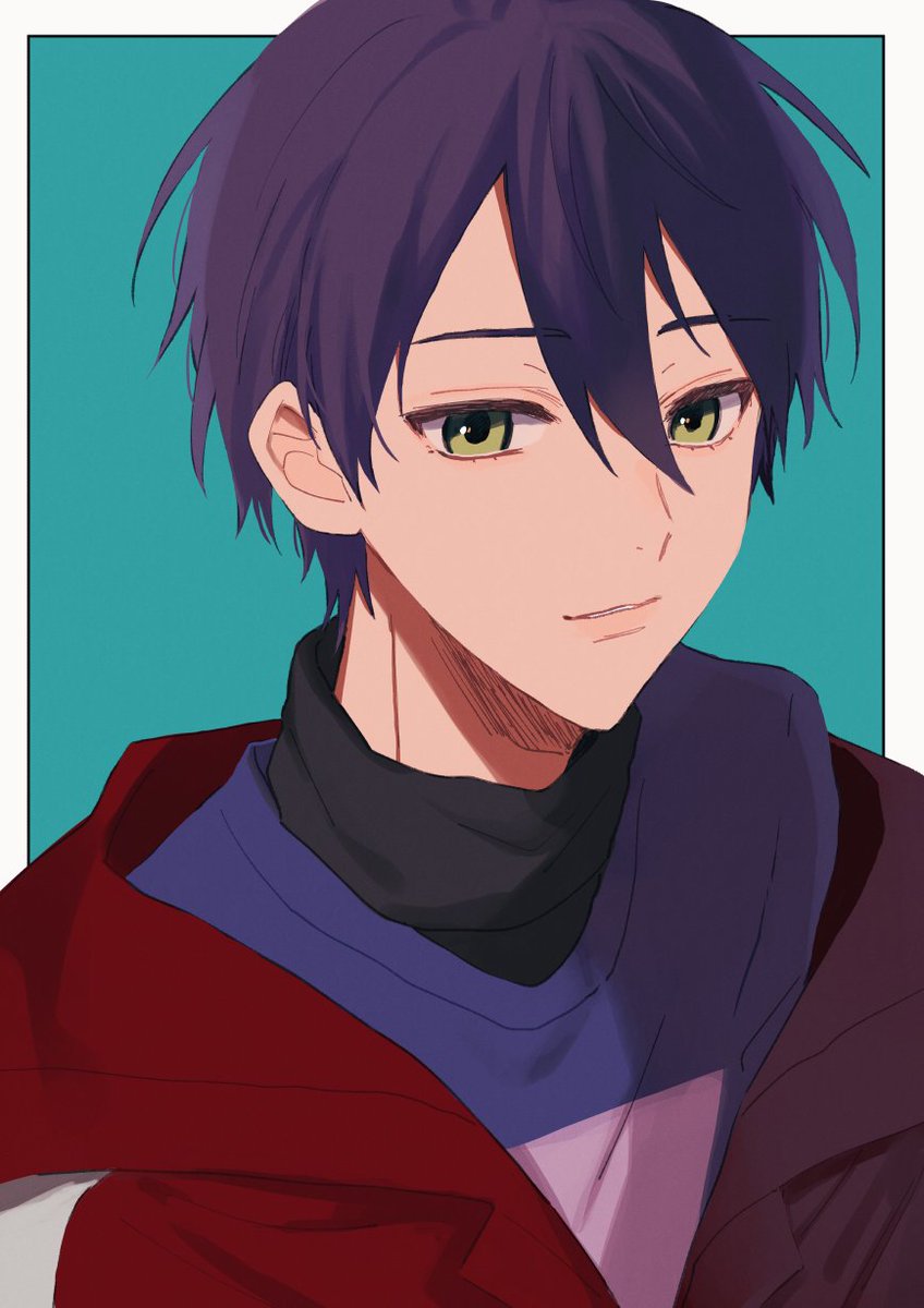 1boy solo male focus green eyes jacket purple hair hair between eyes  illustration images