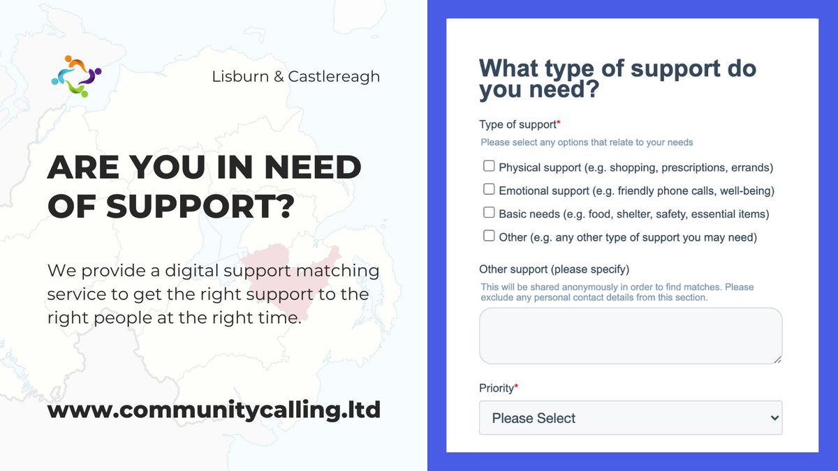 commcallni's tweet photo. π’ Are you based in #Lisburn & #Castlereagh and in need of support?β
If you're #isolated or #struggling to cope in any way...
π WE'RE HERE TO HELP
You're very welcome to request support here π https://t.co/GVwTe2zfcm
#communitycalling #supportmatching @lisburnccc https://t.co/0pLV3DRMfH