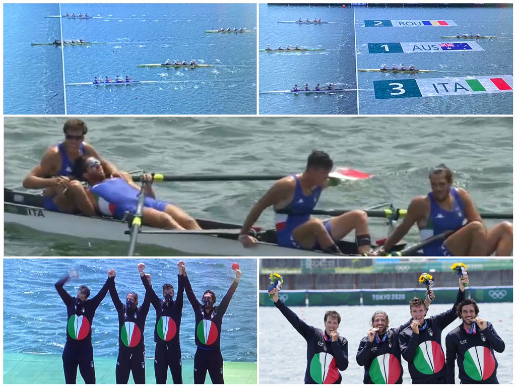 chiatru's tweet photo. I nostri ragazzi del canottaggio vincono la medaglia di bronzo 🥉nel 4 senza 👏🏻👏🏻👏🏻 💚🤍❤️ #matteocastaldo #matteolodo #giuseppevicino #brunorosetti sostituito da #marcodicostanzo e con loro #filippomondelli nel❤️ #Rowing #ita #ItaliaTeam #giochiolimpici #Tokyo2020 #Olympics https://t.co/rEg7zEyMdI