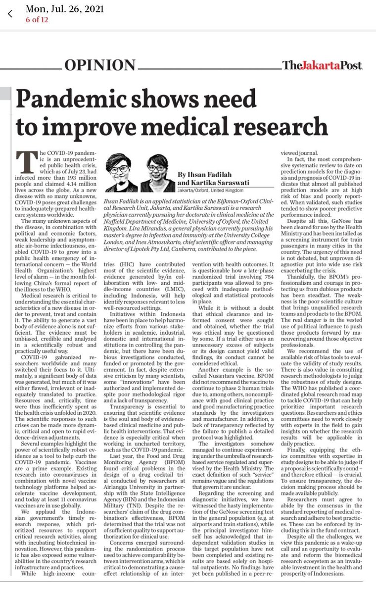 Hi everyone, just want to share an article in The Jakarta Post I co-authored with <a href="/fadilify/">… dormant …</a> <a href="/lmirandus/">Lira Mirandus Manik</a> <a href="/iic_a/">Ines Atmosukarto</a> on medical research in Indonesia during the pandemic. We outlined what has worked well, what can be improved, and how the pandemic serves as a wake up call for us.