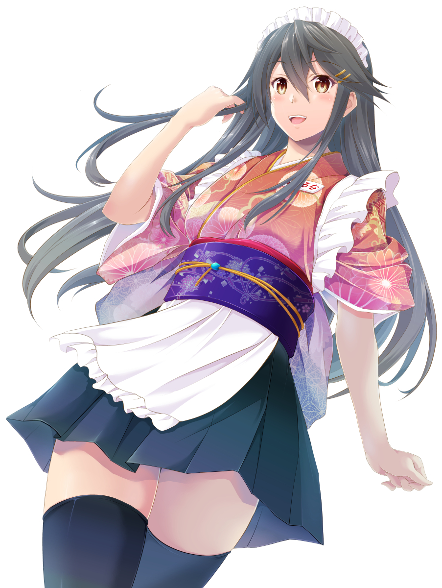 haruna (kancolle) 1girl solo long hair thighhighs wa maid japanese clothes skirt  illustration images