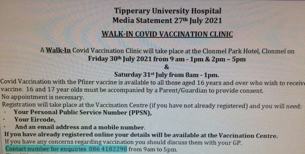 TipperaryUH's tweet photo. Tipperary University Hospital Vaccination Clinic operating for walk ins Friday and Saturday well done to all involved https://t.co/swJDPAXDbS