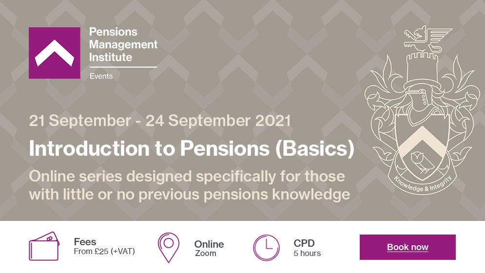 🔔Introduction to Pensions (Basic) is an online series designed specifically for those with little or no previous pensions knowledge with speakers from <a href="/BW_LLP/">Barnett Waddingham</a>, <a href="/KGCassociates/">KGC associates</a> and more taking place on 21 - 24 September 2021. 

Register here: pensions-pmi.org.uk/events/introdu…

#PMIpensions