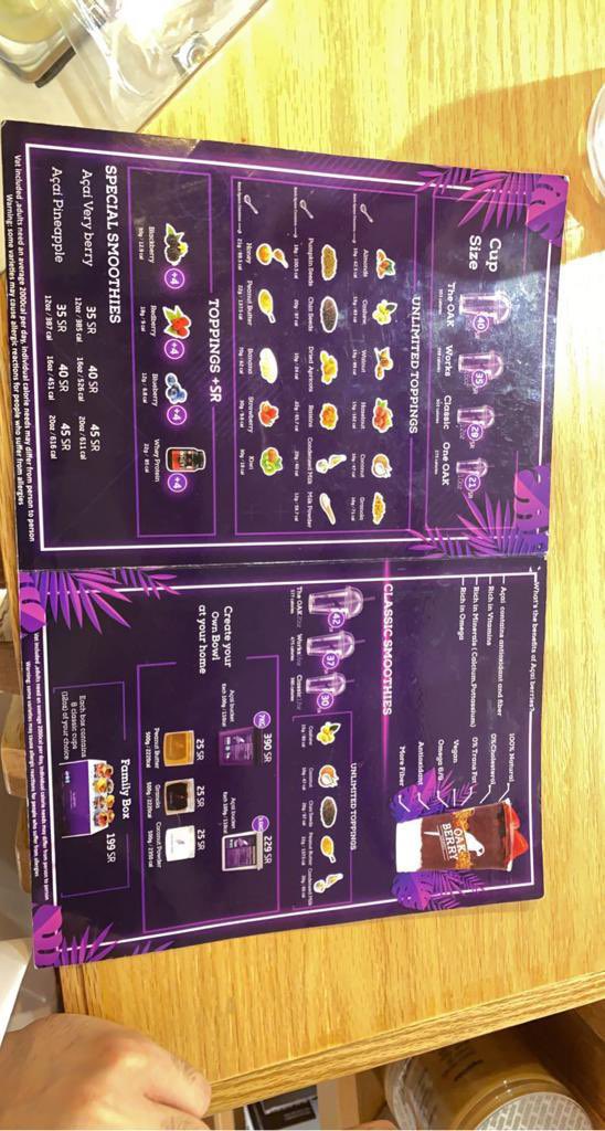 Menu_amaken's tweet photo. Oak Berryمطعم برازيلي صحي، مختصيــن بالآساي
ويقدمونه بـ ٣ طرق:
(سموذي ، اساي مع خيارات صحيـه ، بكت اساي)
الوجبـه صحيه متكاملـه (سوبر فود)بالإضافه انه نباتي وجلوتين فري و مايضيفون عليه اي سكريات مقاسات متعددة وأسعار معقولة مقارنة بالمنافسين 👌🏻#الرياض #مطاعم_الرياض #كوفيهات_الرياض https://t.co/yHsawZkDWm