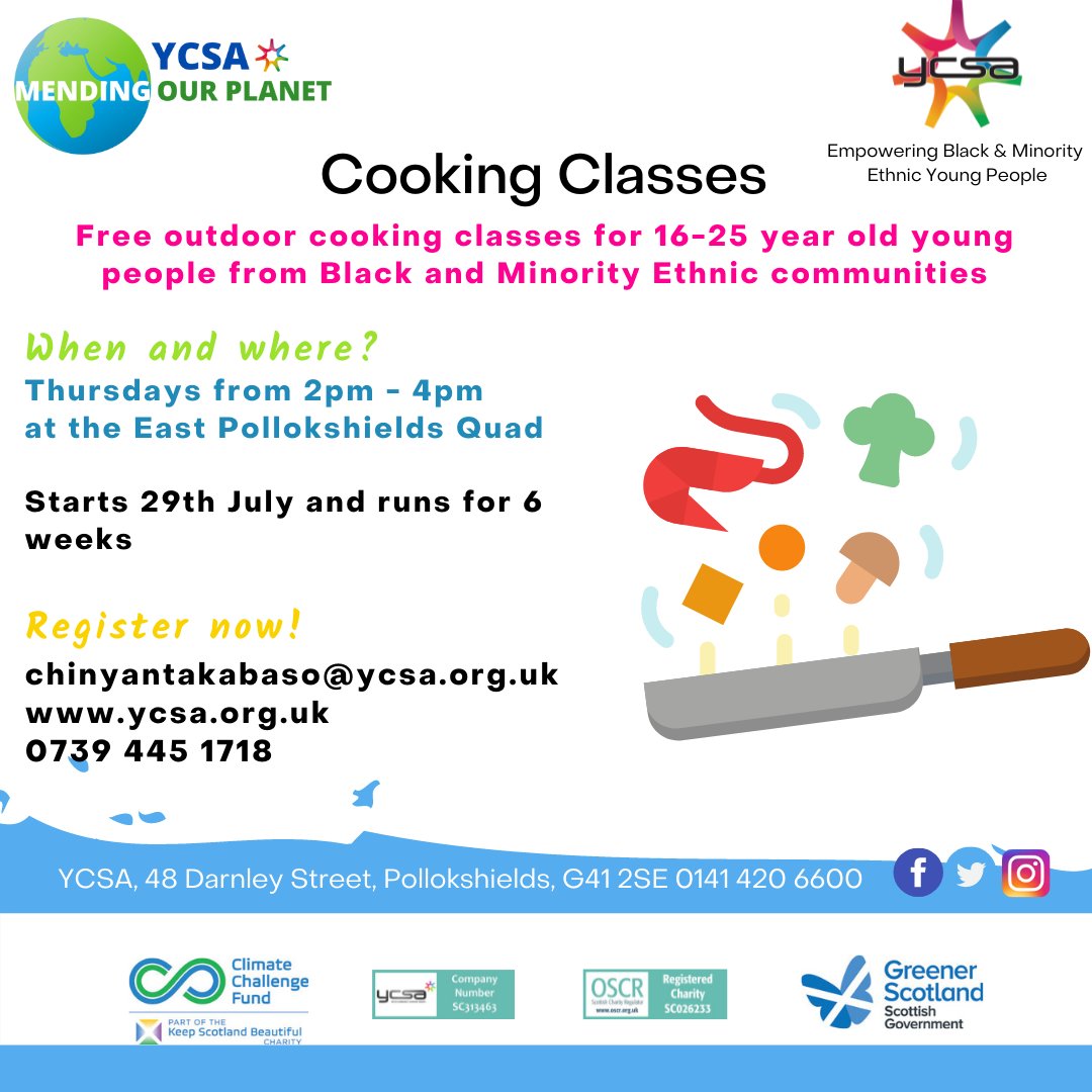 YCSA_Youth's tweet photo. Weโve still got a few spaces for our Cooking classes which start on 29th July and our Explore Glasgow Walking Group which starts on 2nd August! Cycling classes are fully booked but people will be added to a waiting list and can take part if space is available! #YCSA #BMEGlasgowโ๏ธ https://t.co/PEXF2skN7p