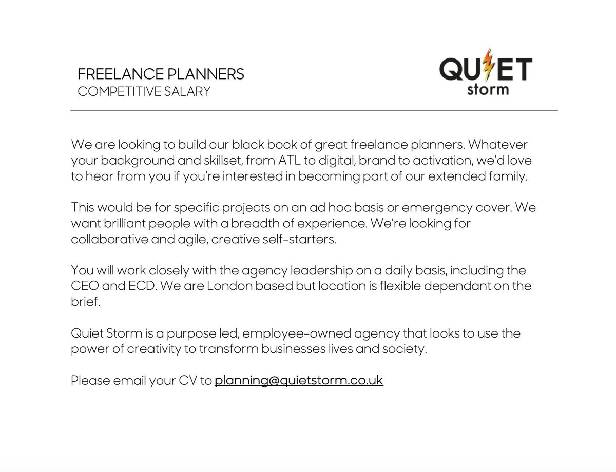 Quiet Storm (@quietstormadv) on Twitter photo We're looking to build our black book of brilliant freelancer planners! If you're interested and this description applies to you, please email planning@quietstorm.co.uk
#freelanceplanners #wearehiring #jobad #quietstorm We're looking to build our black book of brilliant freelancer planners! If you're interested and this description applies to you, please email planning@quietstorm.co.uk
#freelanceplanners #wearehiring #jobad #quietstorm