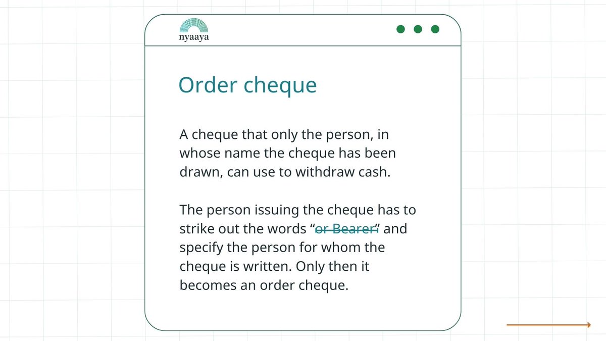NyaayaIN's tweet photo. Know the difference between a #bearercheque, #ordercheque and #account #payee #cheque? Read our #explainer to understand how to #encash each type. At what age did you first encash a cheque? Comment below. Read more https://t.co/5ECQq44yuq 
#nyaaya #law #money #howto #howtoadult https://t.co/2C414JbJ4a