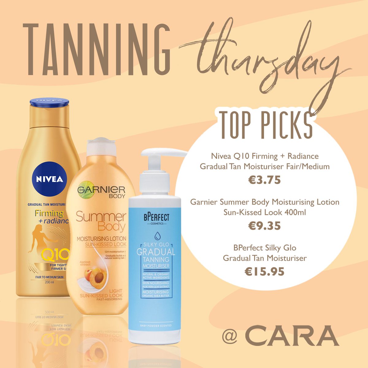 carapharmacy's tweet photo. It’s Tanning Thursday! What’s your tan of choice? ☀️🧡 This week we are loving gradual tans for that all year round glow!
 
Available now in selected stores &amp; > 
Nivea Q10: https://t.co/dNpw9ZHWYO
Garnier: https://t.co/4vwqWBuiuD
BPerfect: https://t.co/t6ogu5hcp7

#carapharmacy https://t.co/TmV67bjaWQ