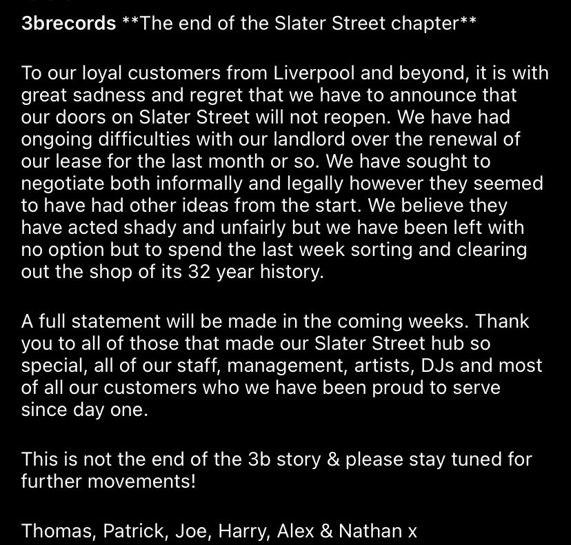 The end of the Slater Street chapter but the birth of a new one. The 32 year legacy lives on with our staff, artists, DJs, collaborators and most importantly our customers who have been so loyal since day one.

Statement below