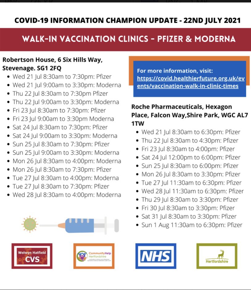 Walk-in #Covid vaccination clinics- no appointment needed. #WelwynHatfield #Stevenage #CovidInformationChampion