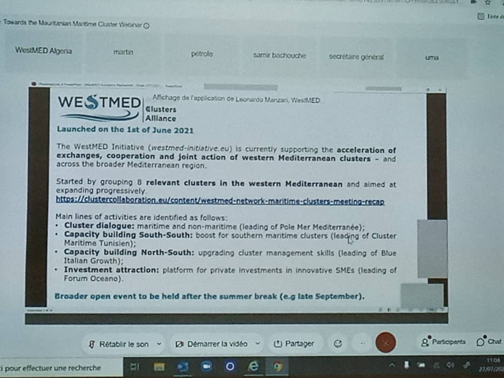 ckgafan's tweet photo. Ce 27/07/21, j'ai participé au nom du @clustermaf , au Webinaire organisé par l'Alliance du Cluster Maritime WestMED.
C'est avec un grand plaisir que nous avons partagé l'expérience du CMAF avec les participants à cette rencontre dédiée à la création (1/2) 🔽 https://t.co/3pnAZmNRcv