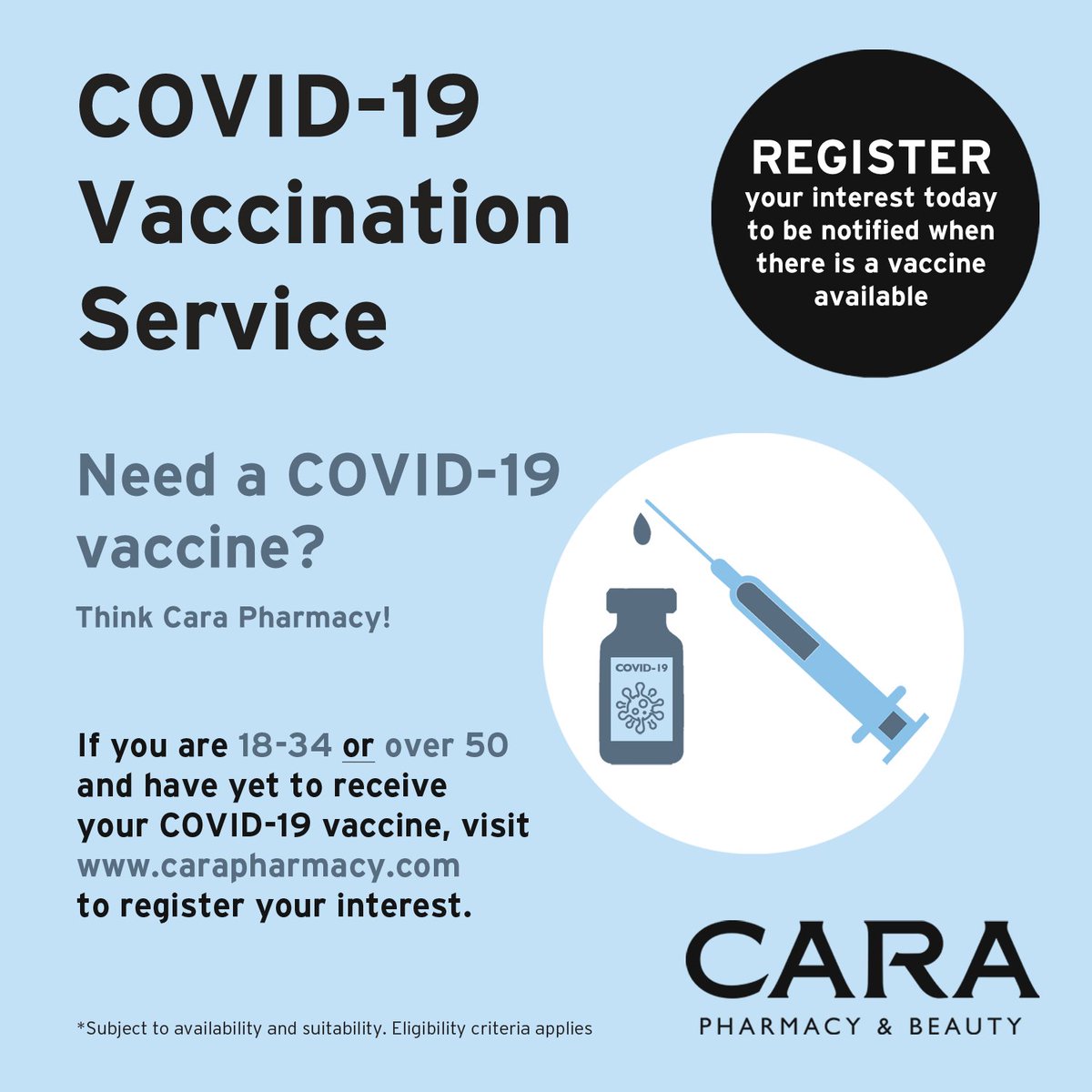 carapharmacy's tweet photo. Need a COVID-19 Vaccine? Think Cara Pharmacy 💉

If you are over 18-34 or over 50 and have yet to receive your COVID-19 vaccine, please visit our website > https://t.co/XBecC10L17 to register. 

#carapharmacy #covid19 #covid19vaccine https://t.co/2DG3TX03hf
